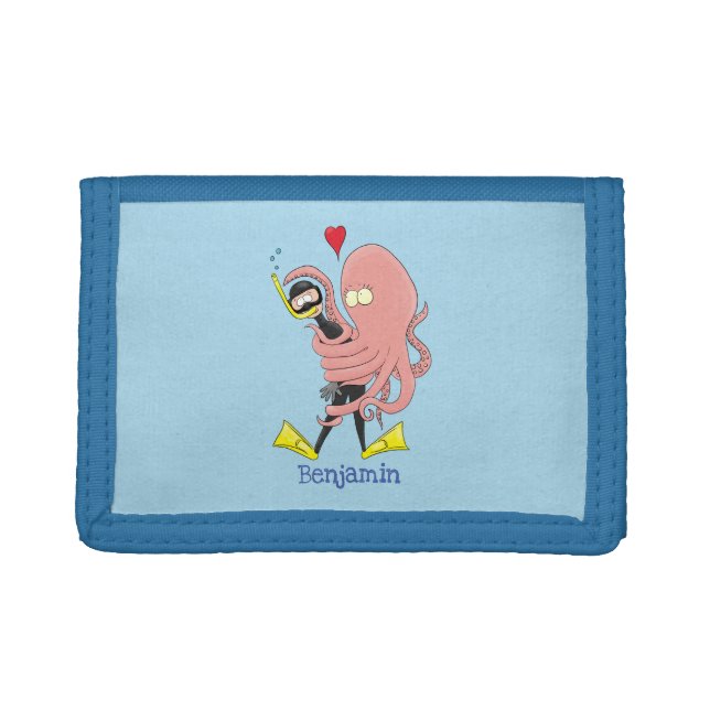 Funny octopus hugs diver cartoon humour trifold wallet (Front)