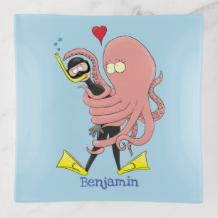 Funny octopus hugs diver cartoon humour trinket tray