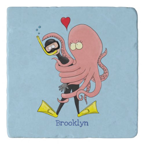 Funny octopus hugs diver cartoon humour trivet