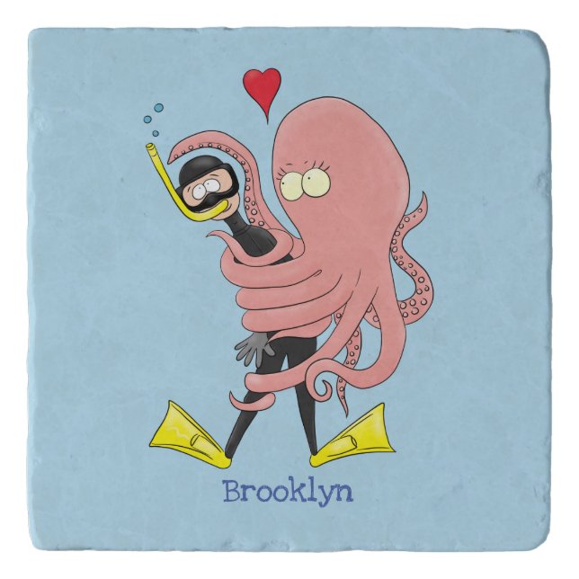 Funny octopus hugs diver cartoon humour trivet (Front)