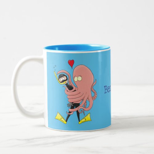 Funny octopus hugs diver cartoon humour  Two_Tone coffee mug