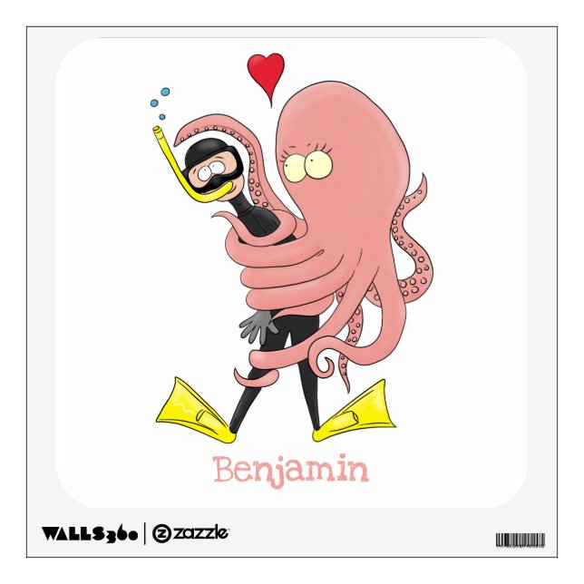 Funny octopus hugs diver cartoon humour wall decal (Front)