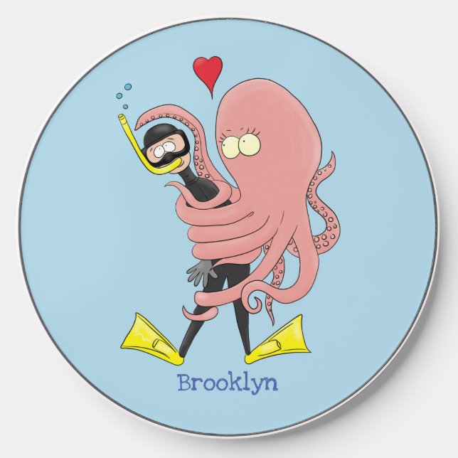 Funny octopus hugs diver cartoon humour wireless charger  (Front)