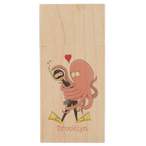 Funny octopus hugs diver cartoon humour  wood flash drive