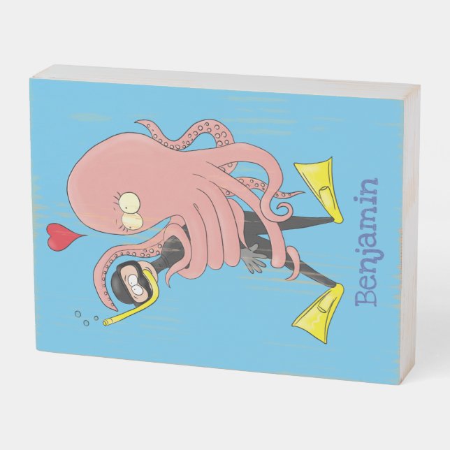 Funny octopus hugs diver cartoon humour wooden box sign
