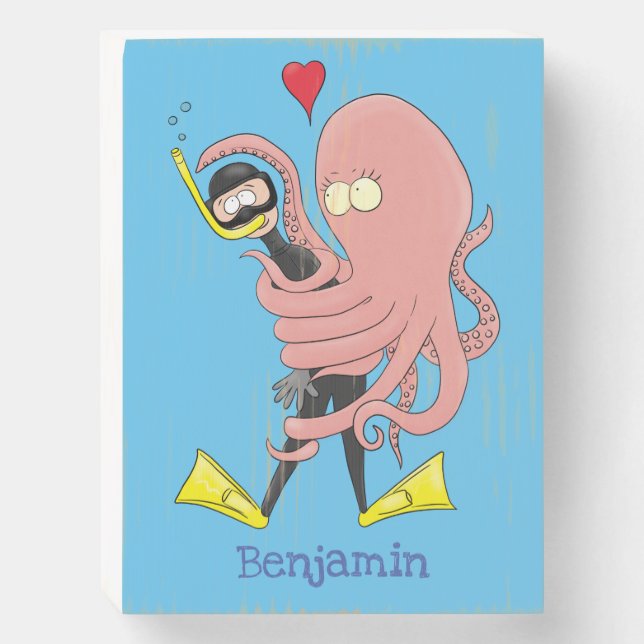 Funny octopus hugs diver cartoon humour  wooden box sign (Front Vertical)