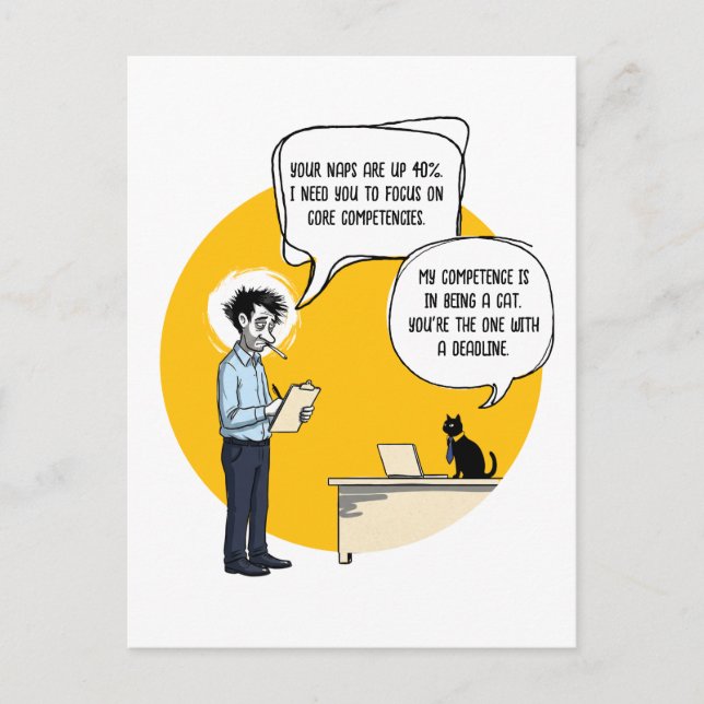 Funny Office Cat Humor Performance Review Meme Postcard (Front)