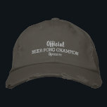 Funny Official Beer Pong Drinking Game Champion Embroidered Baseball Cap<br><div class="desc">The perfect hat for anyone who loves playing beer pong. This funny baseball style cap features the words "Official Beer Pong Champion" and your custom name below (or replace with your wording). Easily change the color of the text and the cap. Whether you're a novice or champion, this beer pong...</div>