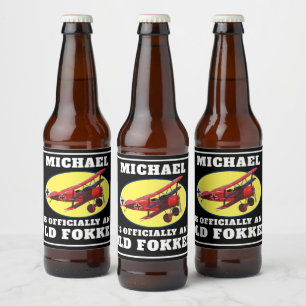 Funny Official Old Fokker Over the Hill Birthday Beer Bottle Label
