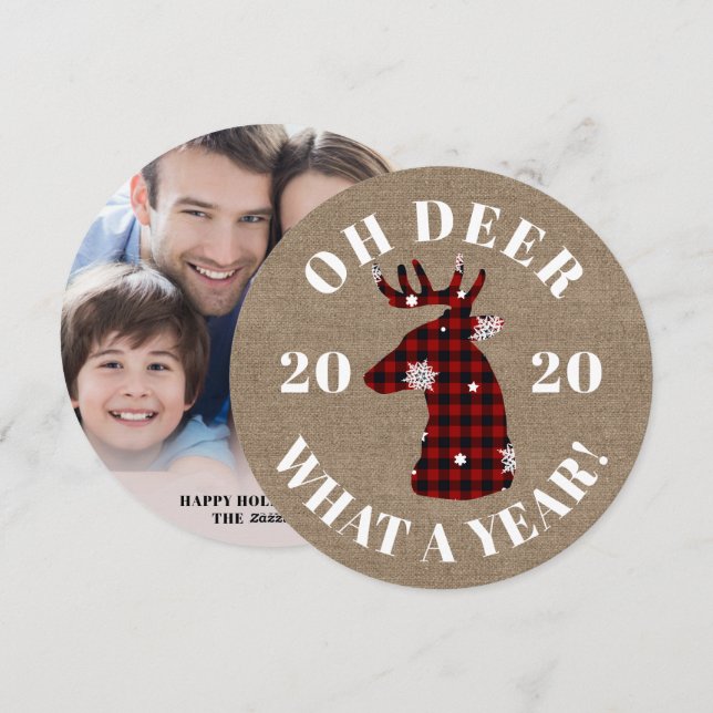 Funny Oh Deer 2020 Plaid Burlap Photo Holiday Card (Front/Back)