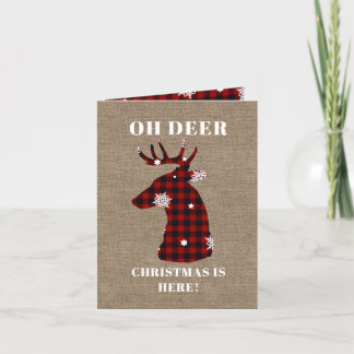 Funny Oh Deer Buffalo Plaid Burlap Christmas Holiday Card