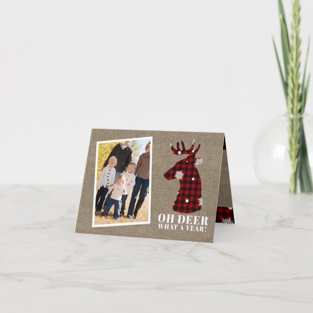 Funny Oh Deer Burlap Christmas Holiday Card (Front)