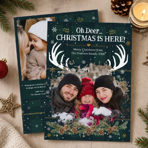 Funny Oh Deer Christmas Is Here 3 Photo Plaid Snow Holiday Card