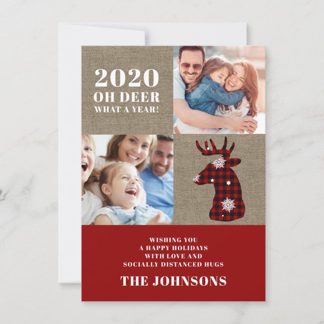 Funny Oh Deer Plaid Snowflakes Photo Collage Holiday Card (Front)