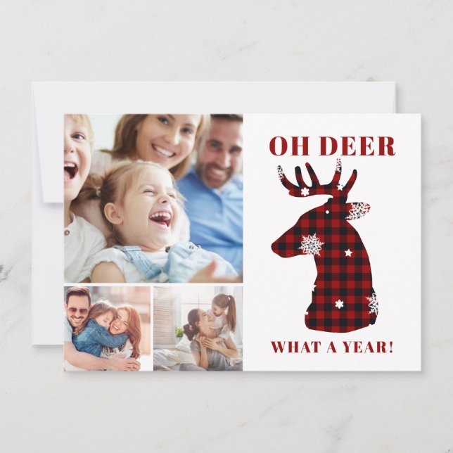 Funny Oh Deer Plaid Snowflakes Photo Collage Holiday Card (Front)