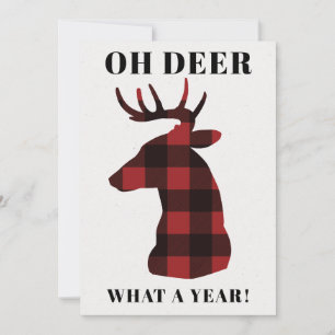 Funny Oh Deer What a Year Buffalo Plaid Holiday Card