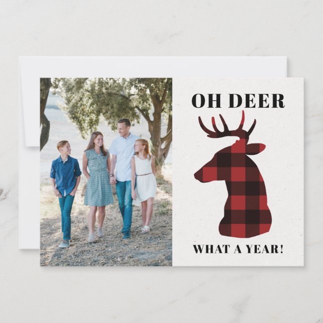 Funny Oh Deer What a Year Buffalo Plaid Photo Holiday Card (Front)