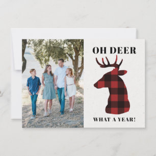 Funny Oh Deer What a Year Buffalo Plaid Photo Holiday Card