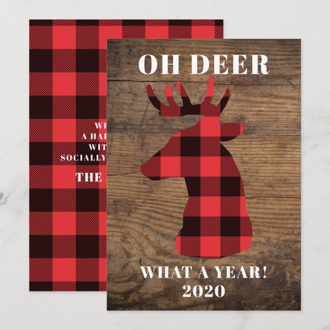 Funny Oh Deer What a Year Buffalo Plaid Wood Holiday Card (Front/Back)