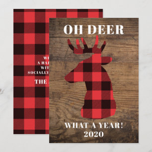 Funny Oh Deer What a Year Buffalo Plaid Wood Holiday Card