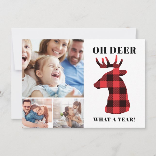 Funny Oh Deer What a Year Plaid Photo Collage Holiday Card (Front)