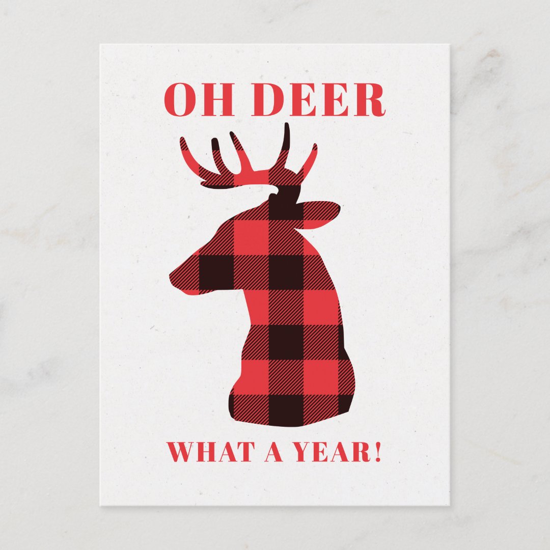 Funny Oh Deer What a Year Red Buffalo Plaid Deer Holiday Postcard | Zazzle