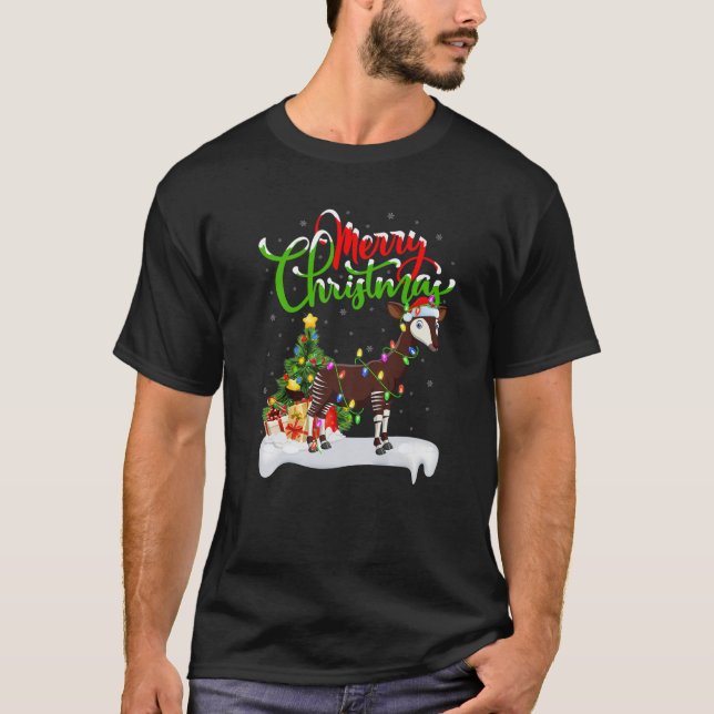 Funny Okapi Animal Lover Xmas Lighting Okapi Chris T-Shirt (Front)