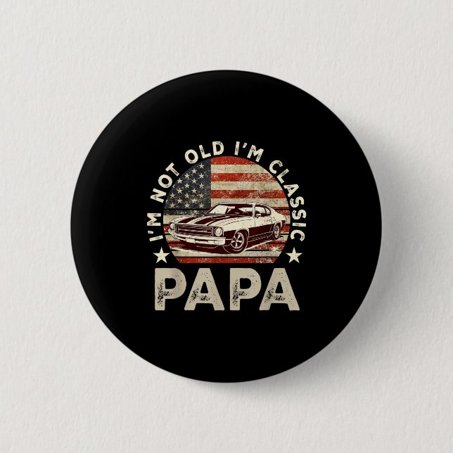 Funny Old Car Clic American Us Flag Mens Dad Papa  Button (Front)