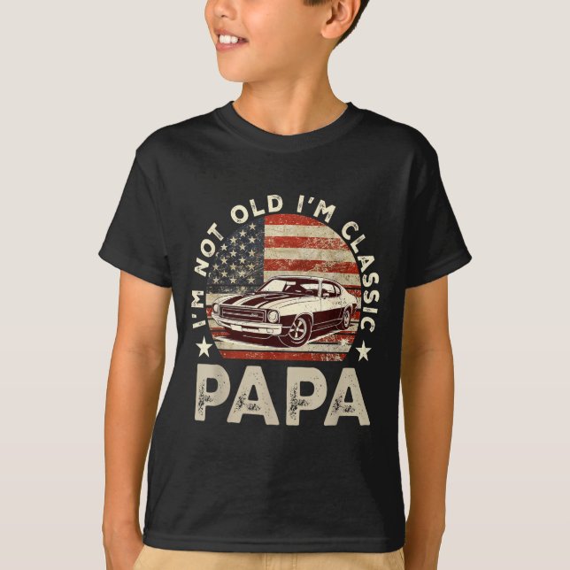 Funny Old Car Clic American Us Flag Mens Dad Papa  T-Shirt (Front)