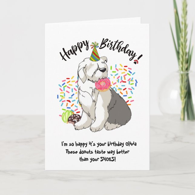 Funny Old English Sheepdog Birthday Card Donuts (Front)