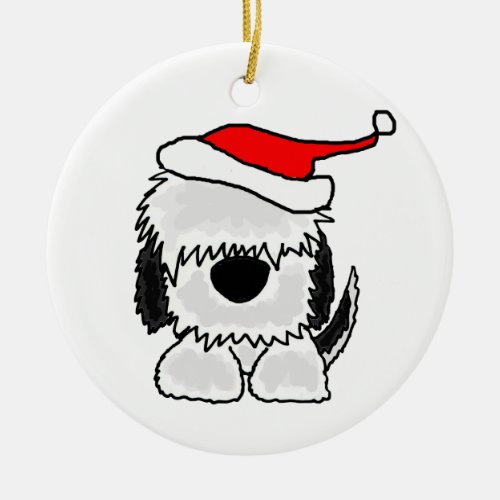 Funny Old English Sheepdog in Santa Hat Ceramic Ornament