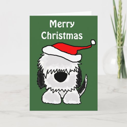 Funny Old English Sheepdog in Santa Hat Holiday Card