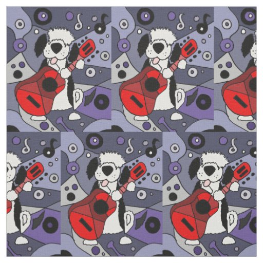 Funny Old English Sheepdog Playing Guitar Fabric