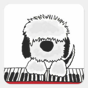 Funny Old English Sheepdog Playing Keyboard Square Sticker