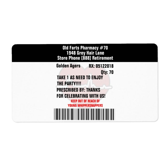 Funny Old Farts Party Prescription RX Bottle Label (Front)