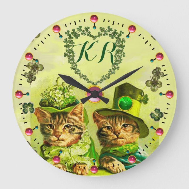 FUNNY OLD FASHION ST.PATRICK'S CATS,HEART MONOGRAM LARGE CLOCK (Front)
