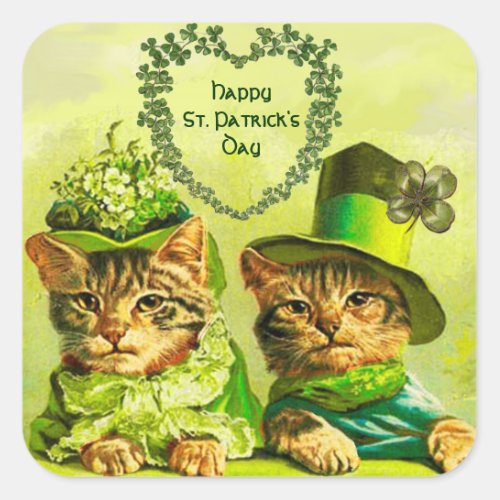 FUNNY OLD FASHION ST PATRICKS DAY CATS SHAMROCKS SQUARE STICKER