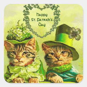 FUNNY OLD FASHION ST PATRICK'S DAY CATS, SHAMROCKS SQUARE STICKER