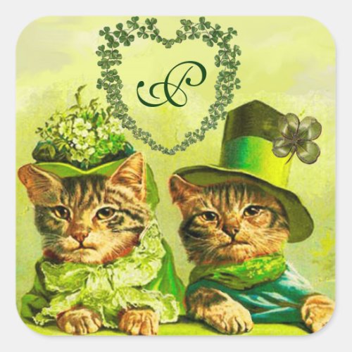 FUNNY OLD FASHION ST PATRICKS DAY CATS SHAMROCKS SQUARE STICKER