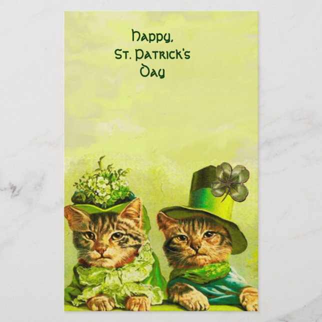 FUNNY OLD FASHION ST PATRICK'S DAY CATS, SHAMROCKS STATIONERY (Front)