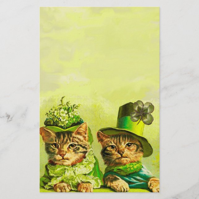 FUNNY OLD FASHION ST PATRICK'S DAY CATS, SHAMROCKS STATIONERY (Front)