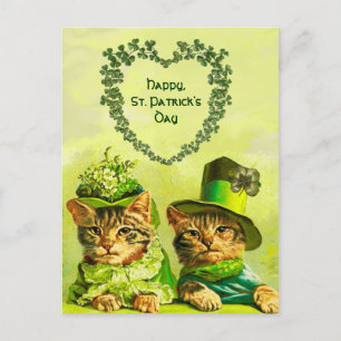 FUNNY OLD FASHION ST.PATRICK'S DAY CATS WITH HEART POSTCARD
