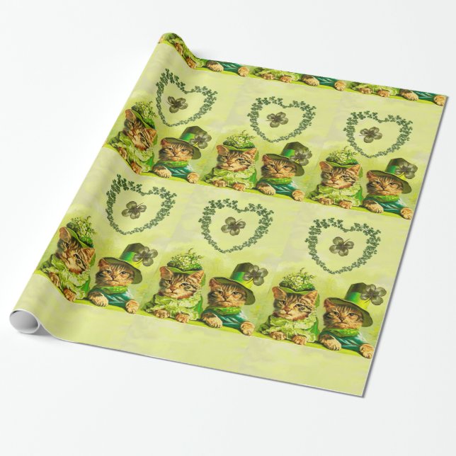 FUNNY OLD FASHION ST.PATRICK'S DAY CATS WITH HEART WRAPPING PAPER (Unrolled)