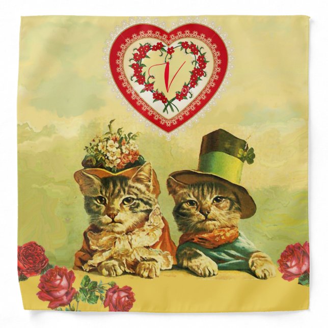 FUNNY OLD FASHION VALENTINE'S DAY CATS,Heart,Roses Bandana (Front)