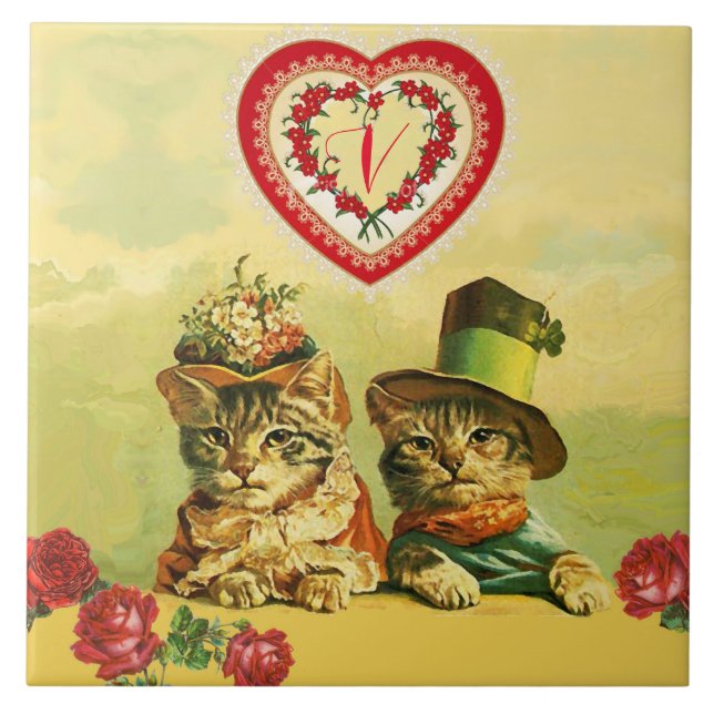 FUNNY OLD FASHION VALENTINE'S DAY CATS,Heart,Roses Ceramic Tile (Front)