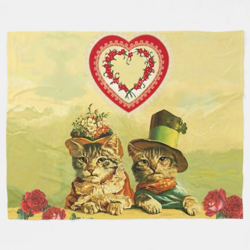 FUNNY OLD FASHION VALENTINES DAY CATSHeartRoses Fleece Blanket