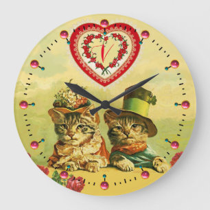 FUNNY OLD FASHION VALENTINES DAY CATS,Hearts,Roses Large Clock
