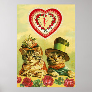 FUNNY OLD FASHION VALENTINES DAY CATS,Hearts,Roses Poster