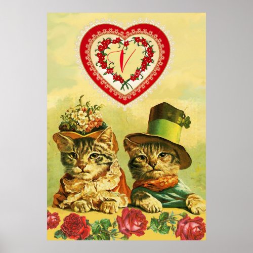 FUNNY OLD FASHION VALENTINES DAY CATSHeartsRoses Poster