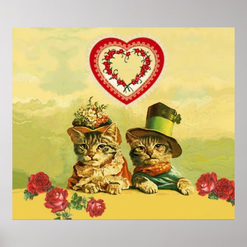 FUNNY OLD FASHION VALENTINES DAY CATSHeartsRoses Poster